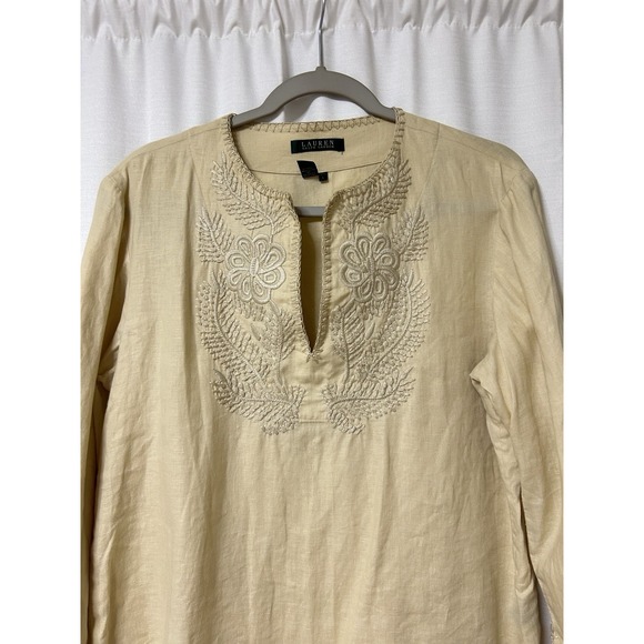 Lauren Ralph Lauren Top Womens L Beige Linen Embroidered Tunic Resort Beachy - Picture 3 of 5